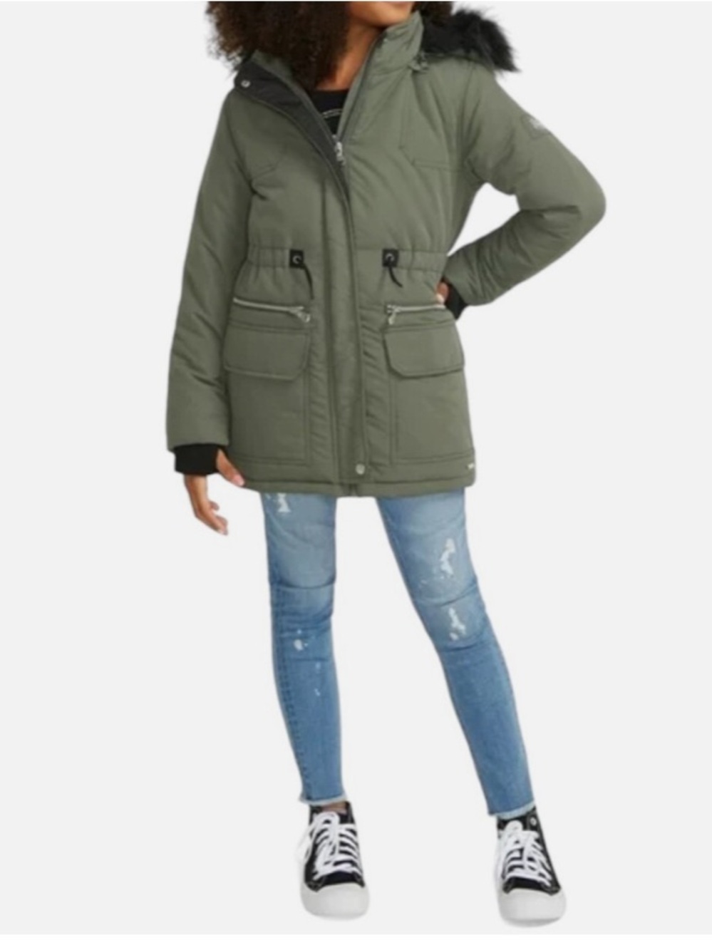 Olive Green Girls  Parka Coat with Faux Fur Trim - Justice Jacket